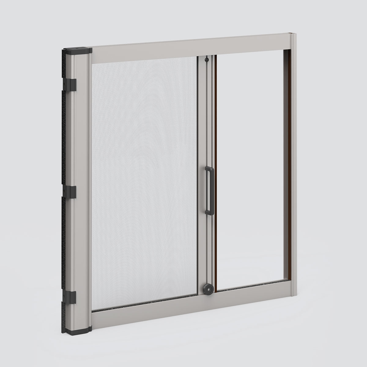 Spring-operated sideways insect screen, Tondo 33, Reveal-fit guides. Pronema